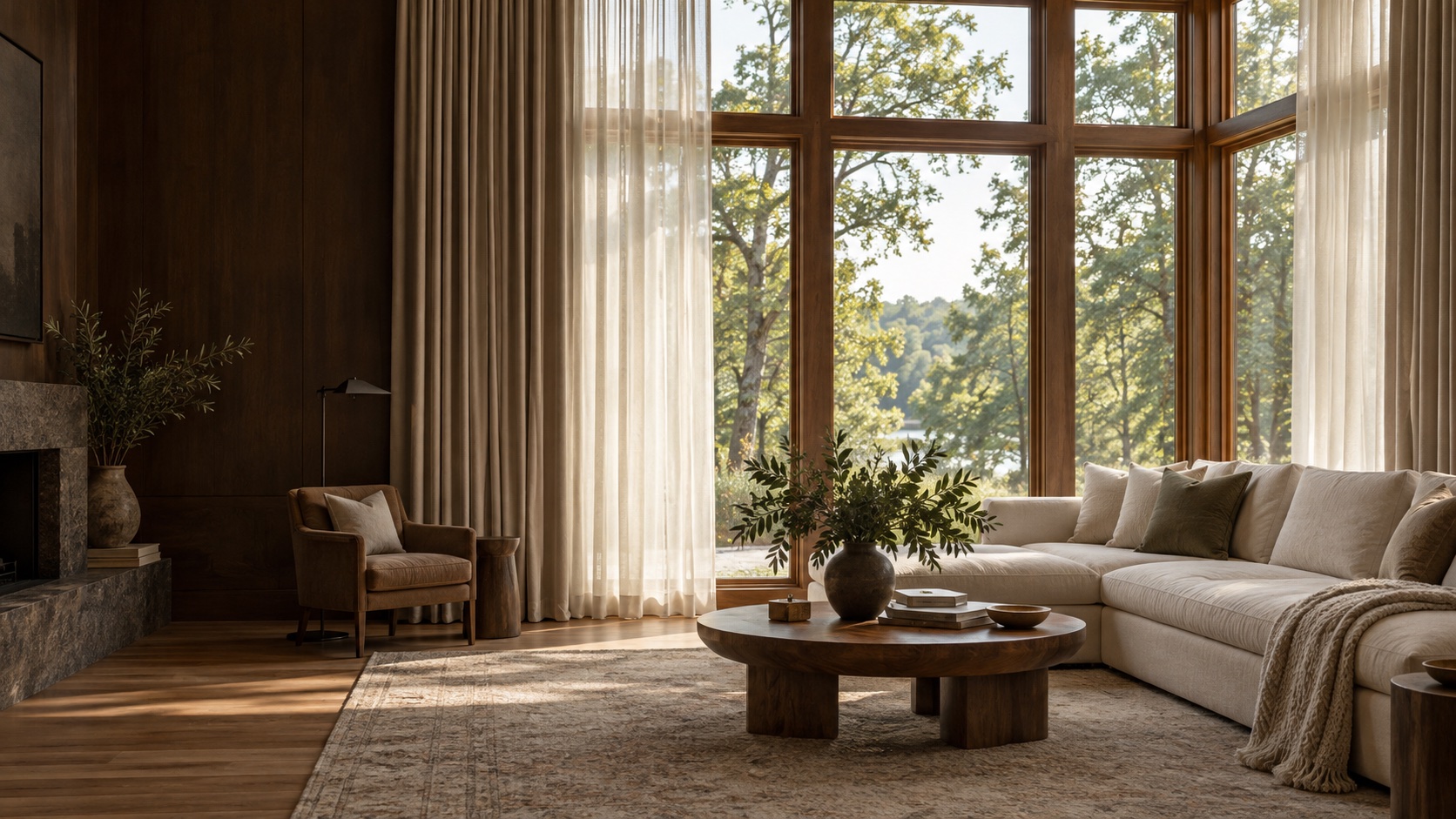Illustrative interior with tall windows, layered linen curtains, and soft afternoon light